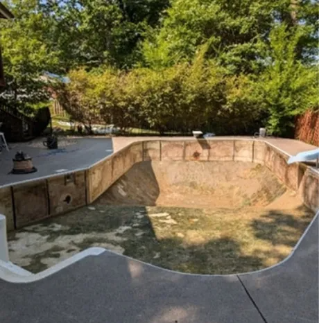 Empty drained backyard swimming pool with surrounding trees and concrete deck