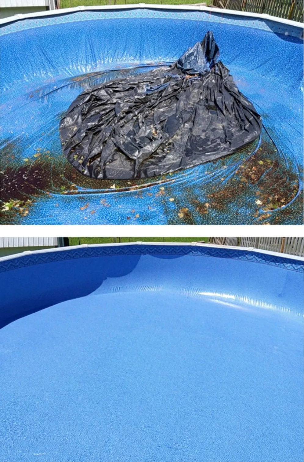 Before-and-after pool liner repair: torn black plastic removed from a blue above-ground pool.