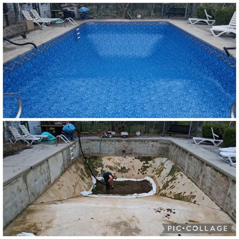 Swimming pool transformed from blue water-filled to drained, with person cleaning the empty basin.