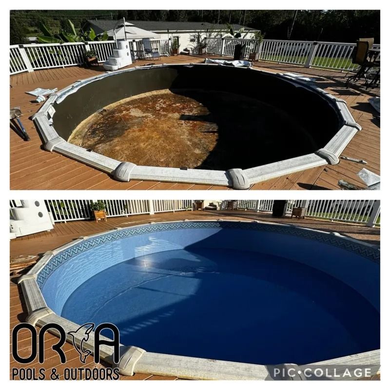 Before-and-after of a drained backyard pool restored with bright blue water and a new liner