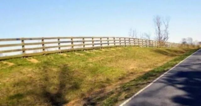 Grassy roadside embankment with a wooden fence along a paved road on a sunny day