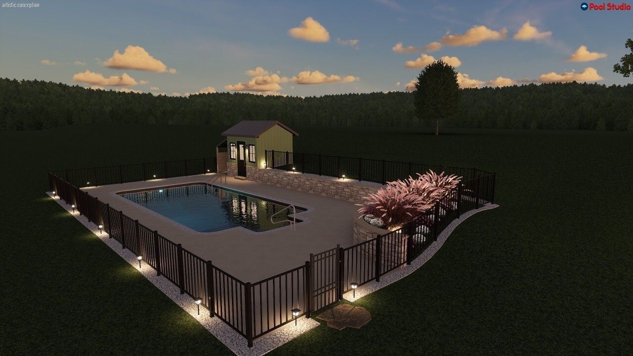 Modern house with a lit pool deck at dusk, surrounded by tall hedges and pink flowering trees