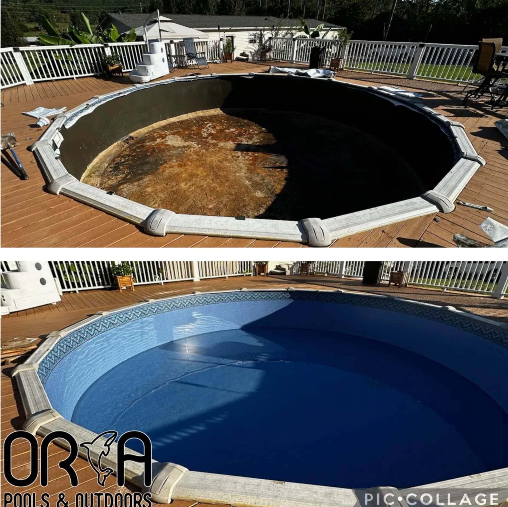 Before-and-after of an empty above-ground pool being cleaned and repainted blue.