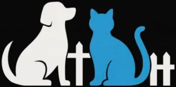 White dog and blue cat flanking a cross with a sword on a black background
