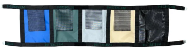 Five small hanging fabric organizers in blue, teal, white, beige, and black on a black strap