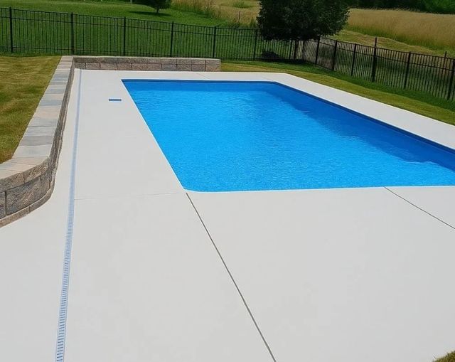 Backyard swimming pool with a white deck and blue water, bordered by grass and black fencing.
