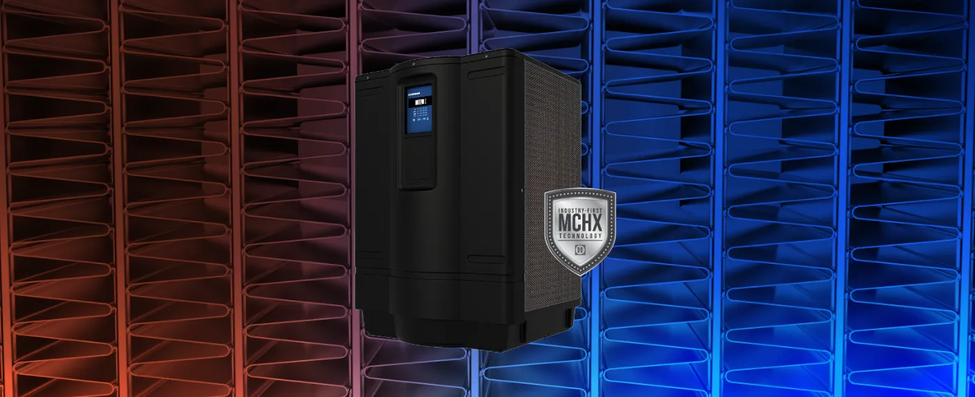 Black device with a shield badge in front of red and blue server racks