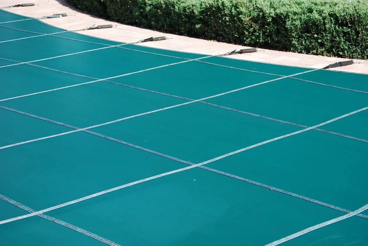 Teal outdoor court surface with white lines beside a hedge