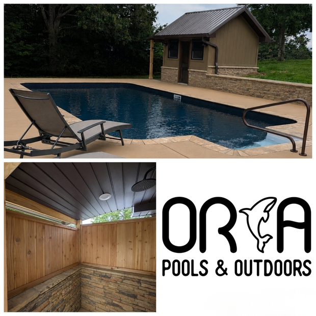 Pool and patio with lounge chairs, indoor wooden sauna, and “ORCA Pools & Outdoors” logo.