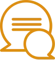Orange outlined speech bubble icon with three lines and a smaller overlapping bubble.
