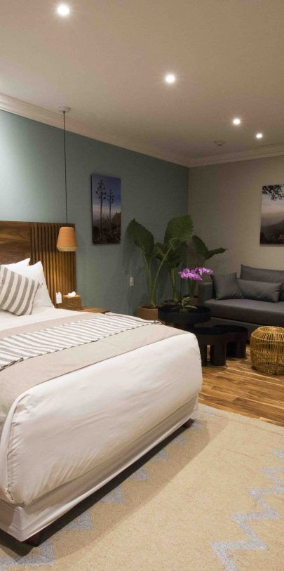 A hotel room with a king size bed and a couch.