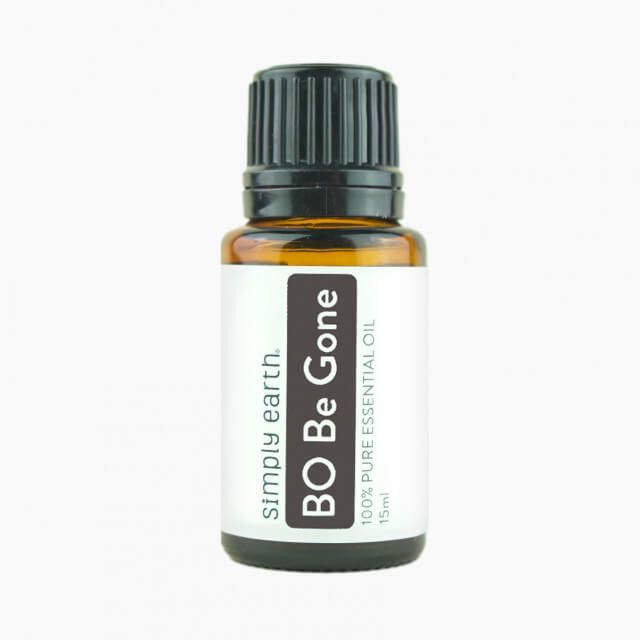 A bottle of simply earth bo be gone essential oil