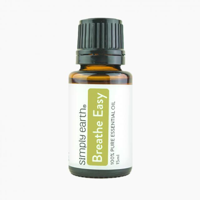 A bottle of simply earth breathe easy essential oil