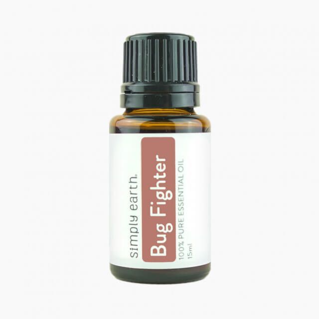 A bottle of simply earth bug fighter essential oil