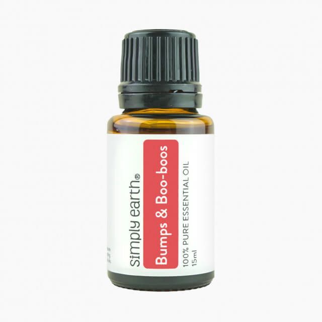 A bottle of simply earth bumps and boo boos essential oil
