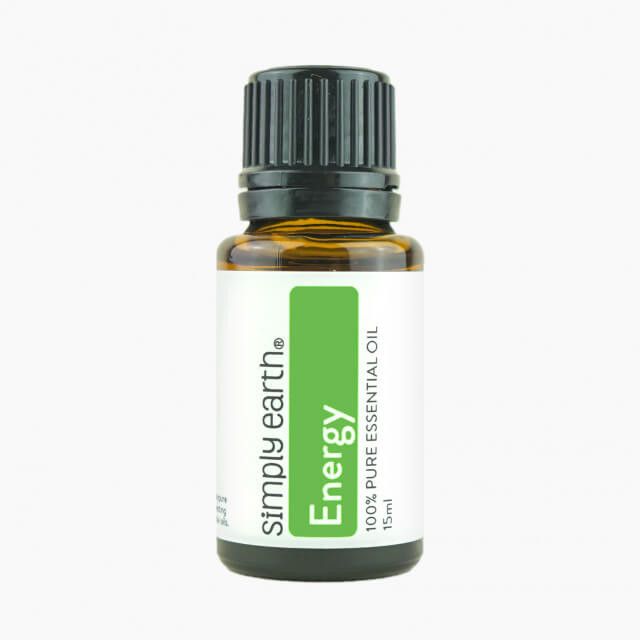 A bottle of simply earth energy essential oil