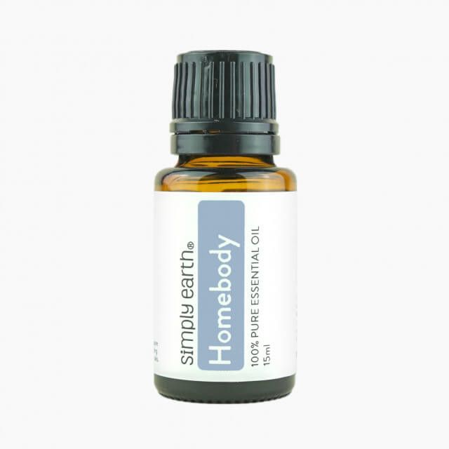 A bottle of simply earth homebody essential oil