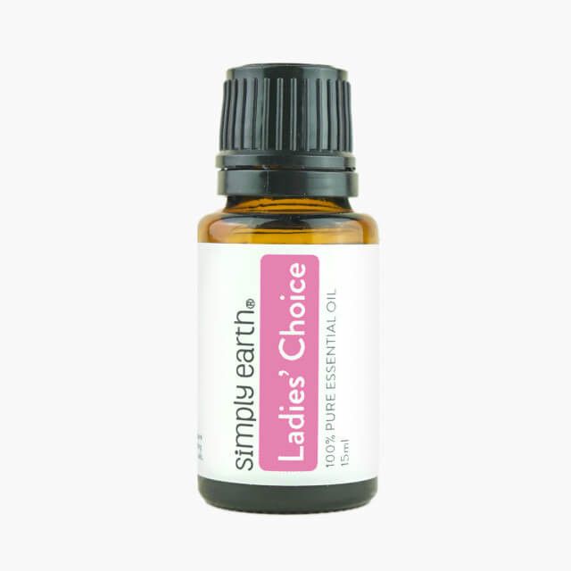 A bottle of simply earth ladies choice essential oil