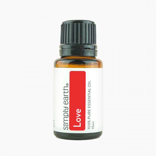 A bottle of simply earth love essential oil