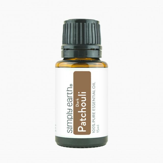 A bottle of simply earth patchouli essential oil