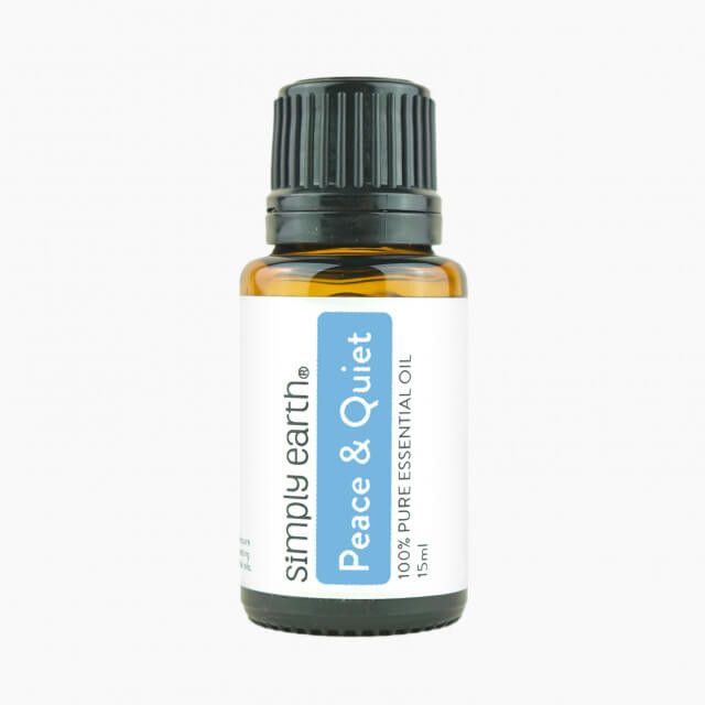 A bottle of simply earth peace and quiet essential oil