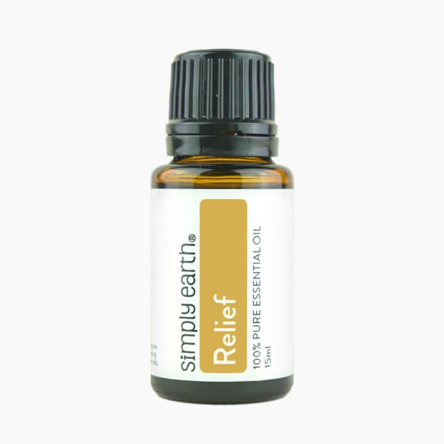 A bottle of simply earth relief essential oil