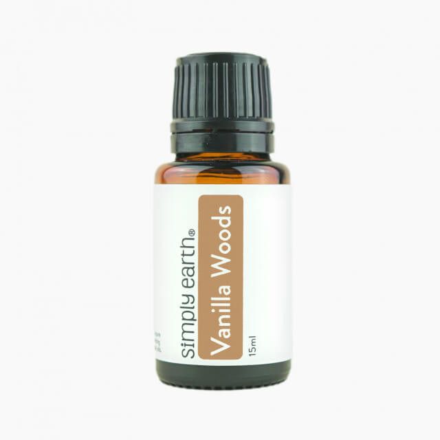 A bottle of vanilla woods essential oil by simply earth