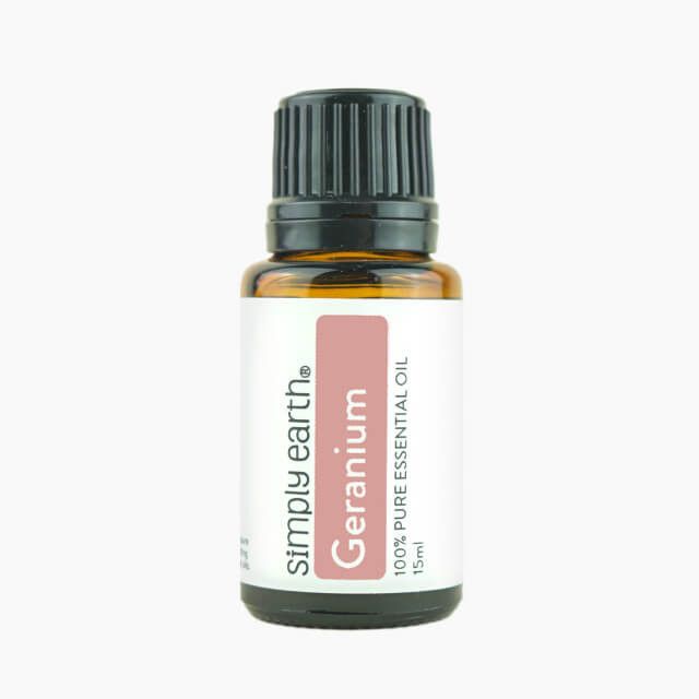A bottle of simply earth geranium essential oil