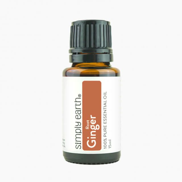 A bottle of ginger essential oil from simply earth