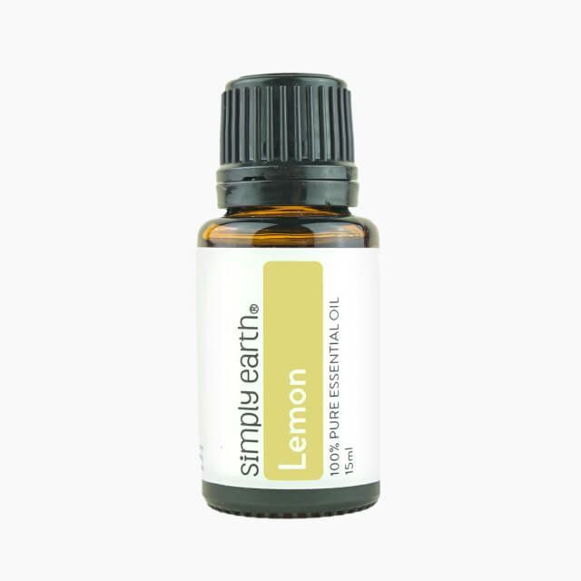 A bottle of simply earth lemon essential oil