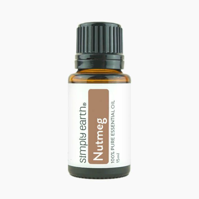 A bottle of nutmeg essential oil from simply earth