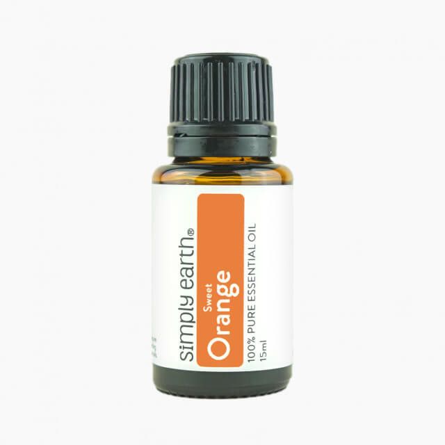 A bottle of simply earth sweet orange essential oil