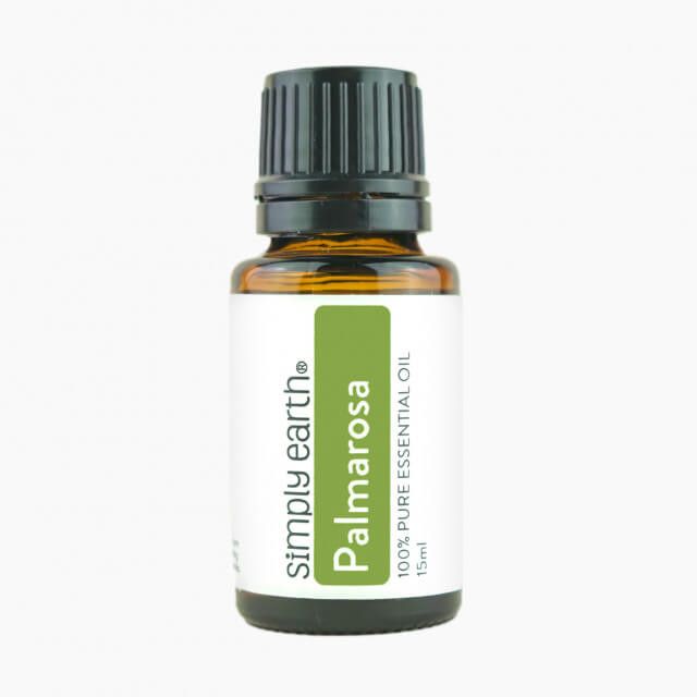 A bottle of simply earth palmarosa essential oil