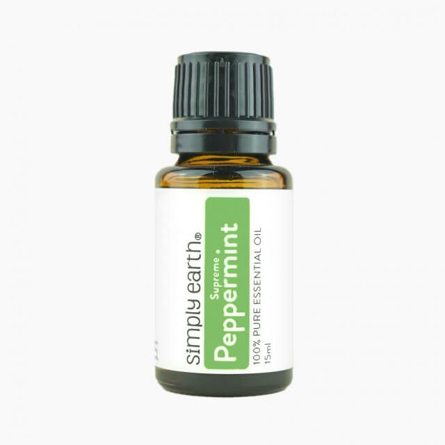 A bottle of simply earth peppermint essential oil