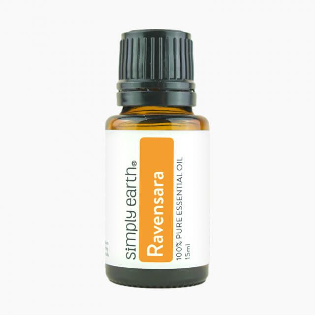 A bottle of ravensara essential oil from simply earth