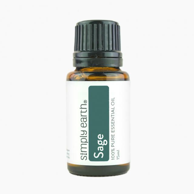 A bottle of sage essential oil from simply earth