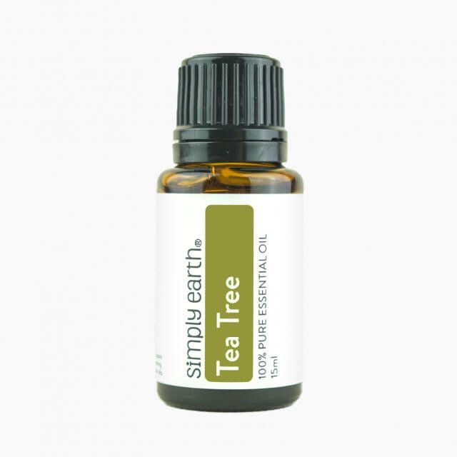 A bottle of simply earth tea tree essential oil