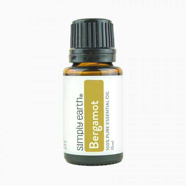 A bottle of bergamot essential oil from simply earth