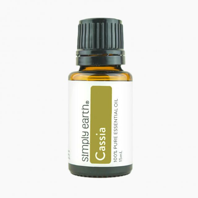 A bottle of cassia essential oil from simply earth