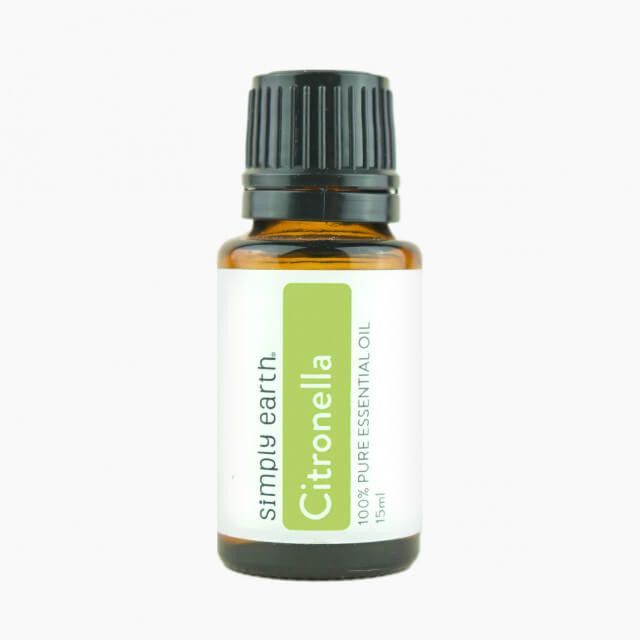 A bottle of simply earth citronella essential oil