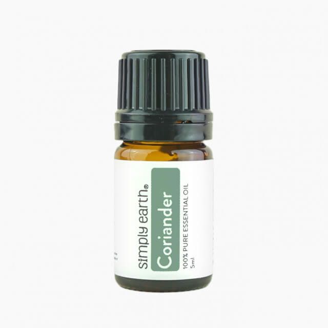 A bottle of coriander essential oil from simply earth