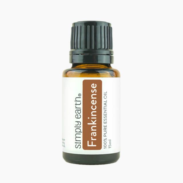 A bottle of frankincense essential oil from simply earth