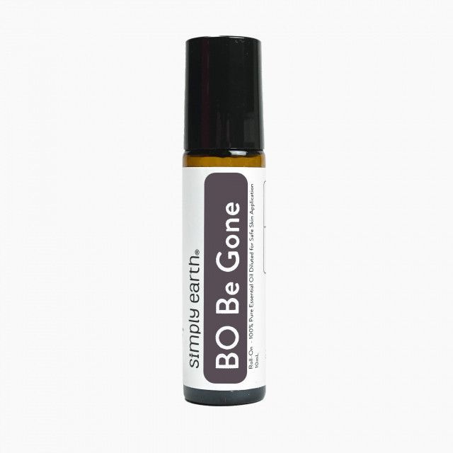 A roll on bottle of simply earth bo be gone