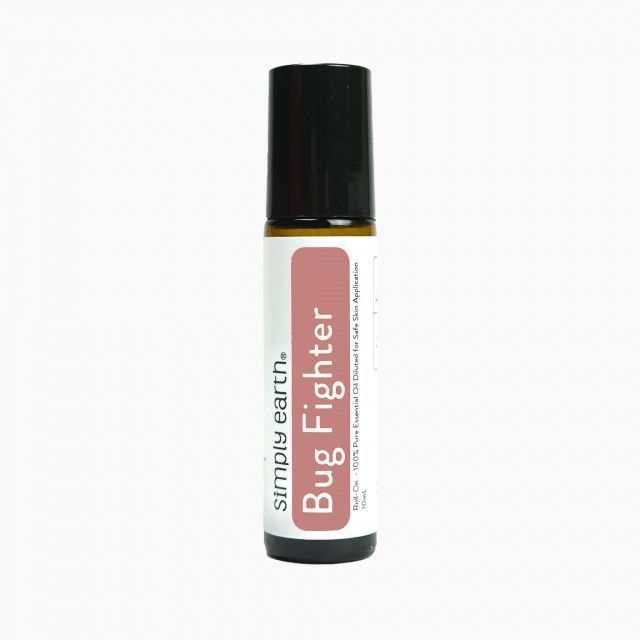 A bottle of simply earth bug fighter essential oil