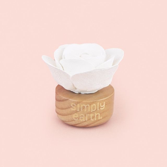 A white rose on a wooden base that says simply earth