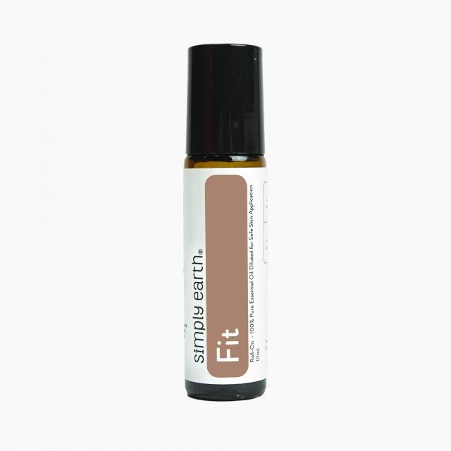 A roll on bottle of simply earth fit essential oil