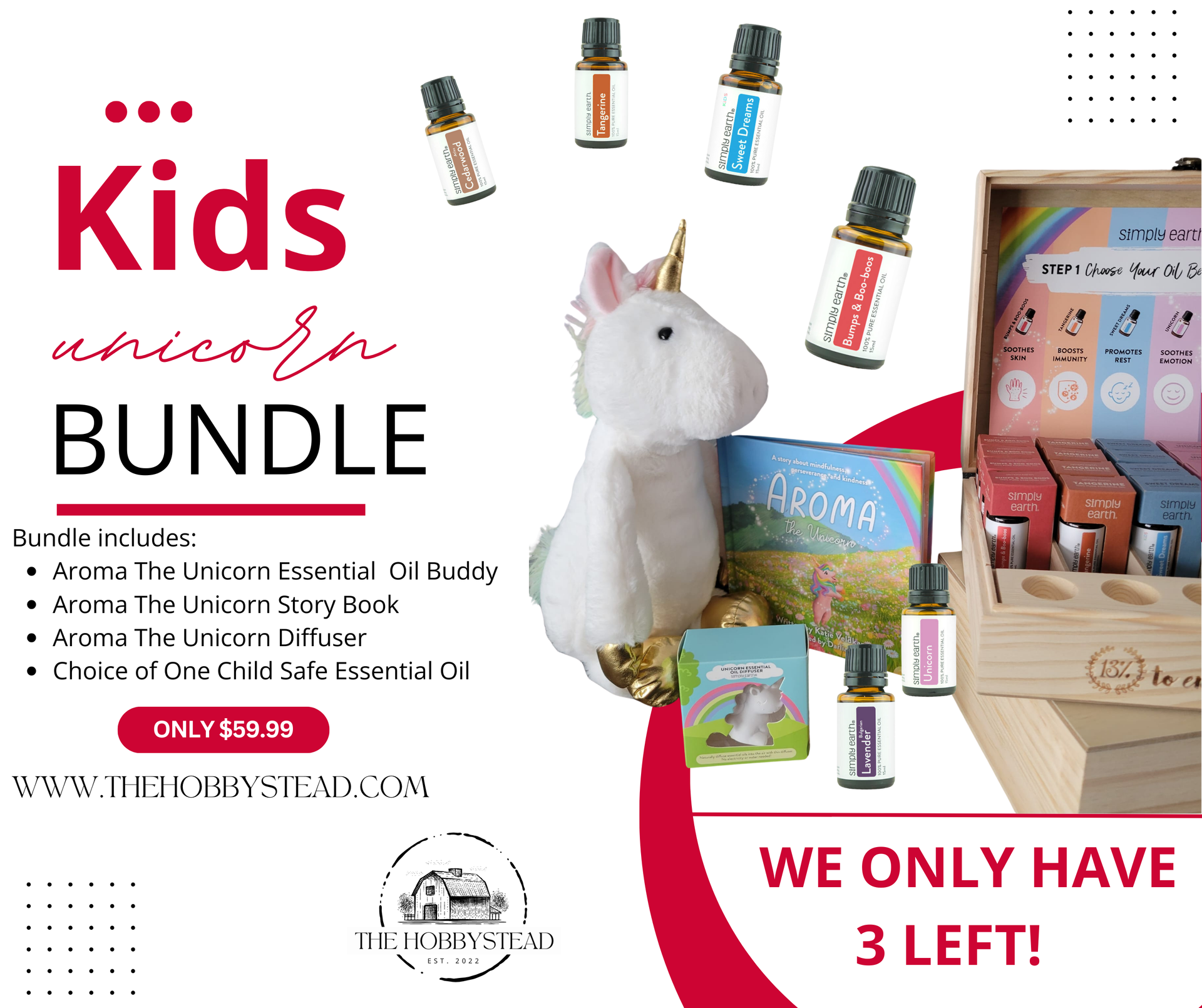 A kids unicorn bundle with essential oils and a stuffed unicorn.
