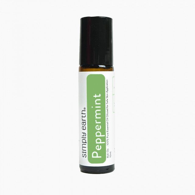 A roll on bottle of peppermint essential oil by simply earth