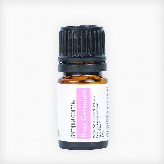 A bottle of simply earth rose geranium essential oil