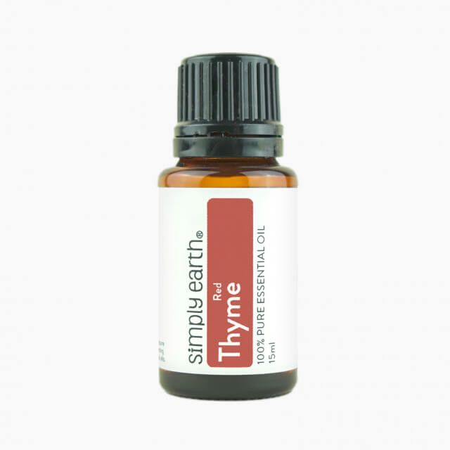 A bottle of thyme essential oil from simply earth